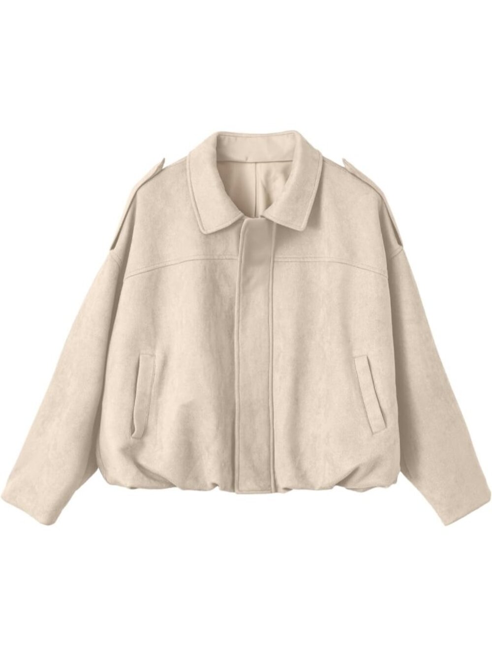 Women's Beige Faux Suede Cropped Bomber Jacket Long Sleeve Zip Up Coat